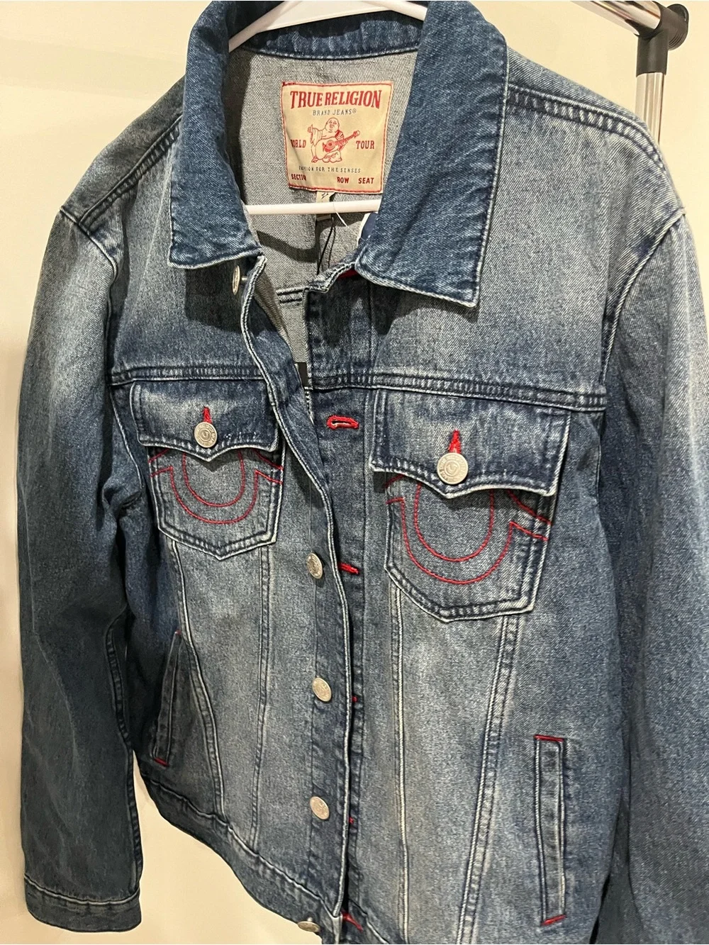 True Religion Blue Denim Jacket with Red Stitching Men’s Size Large NWT